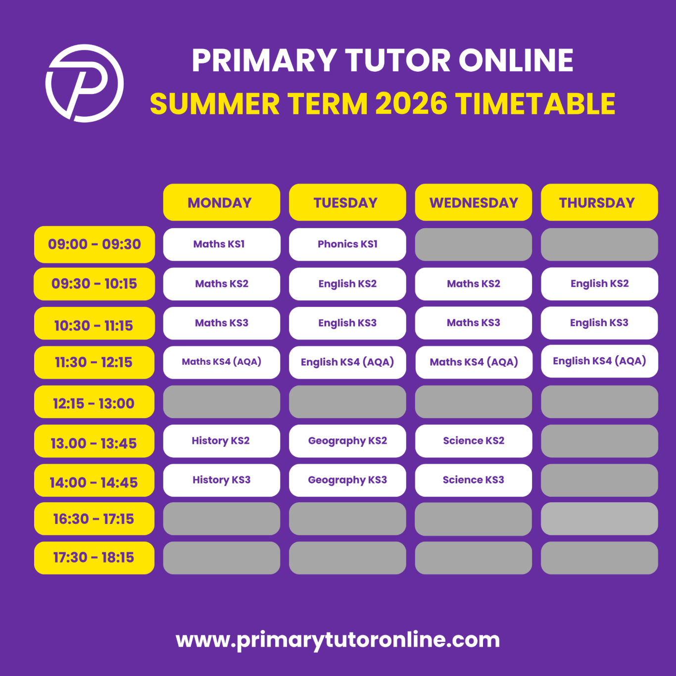 Spring Term 2026 timetable for Primary Tutor Online, highlighting subjects by day.