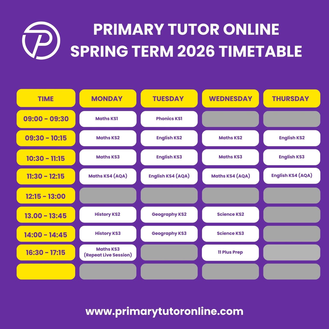 Spring Term 2026 timetable for Primary Tutor Online, highlighting subjects by day.